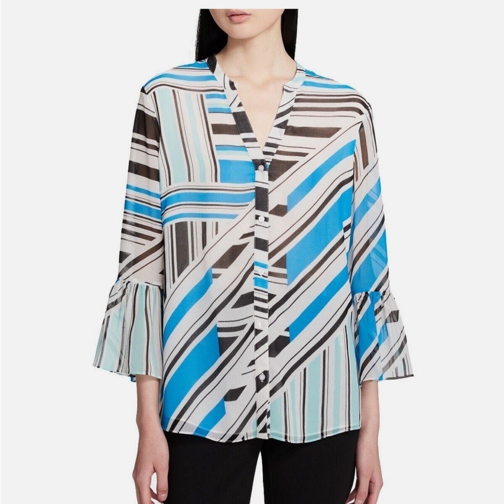 Calvin Klein Blue Striped Geometric Bell Sleeve Blouse M M7UAZ647